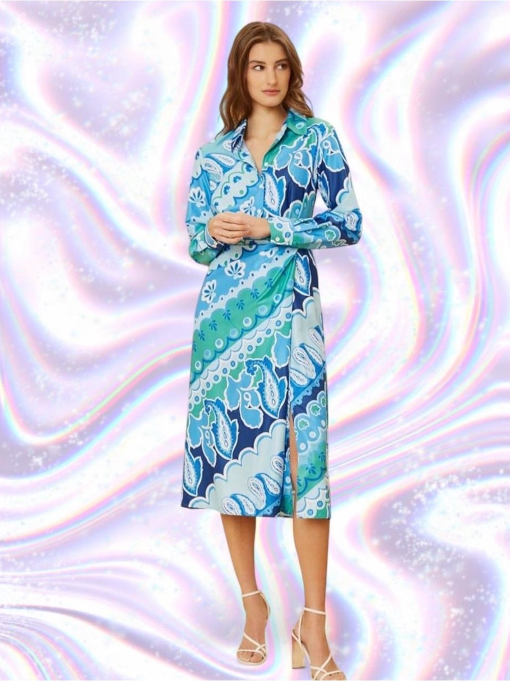 Donna Morgan Blue & Green Paisley Long Sleeve Midi Shirt Dress